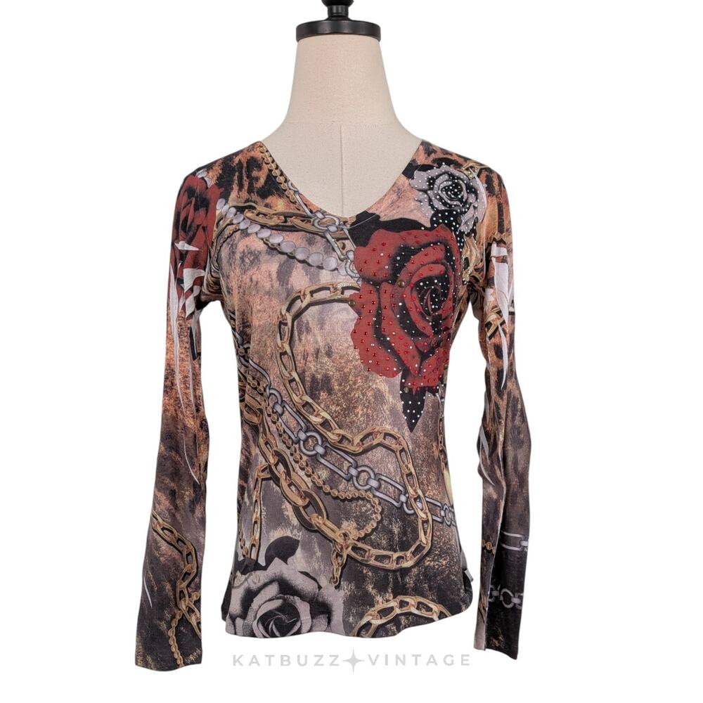 Vintage Cache Top M Brown Red Y2K Bling Rose Chain Vneck Long Sleeve Rock Tissue